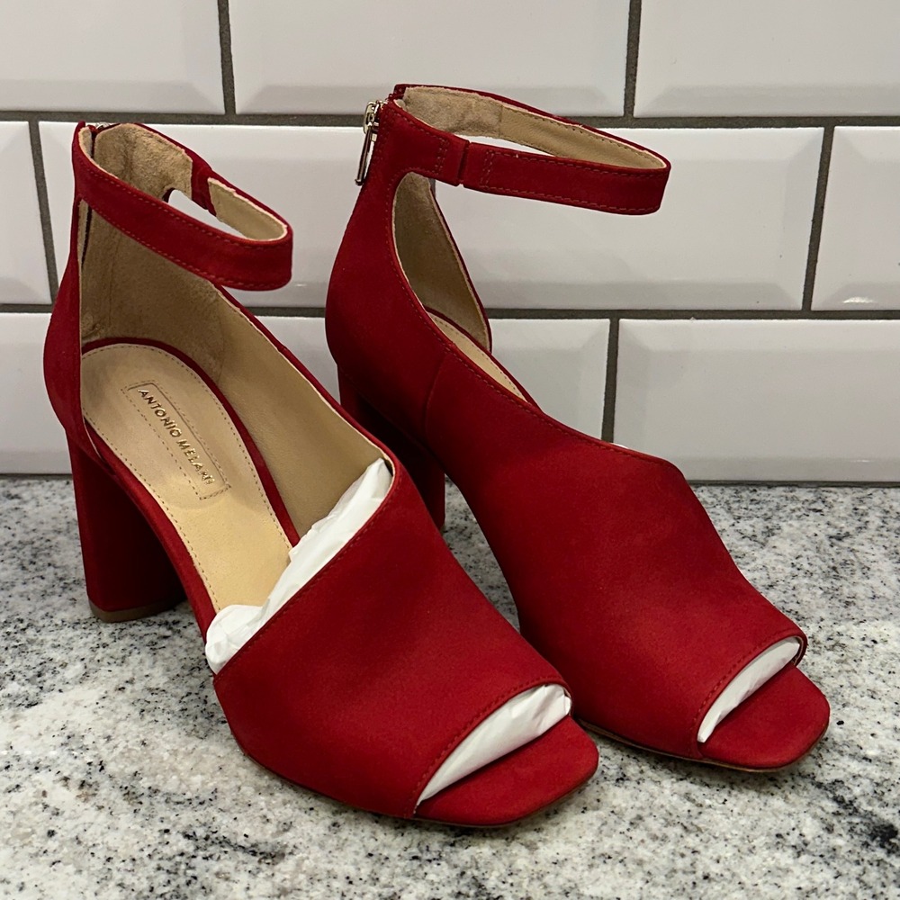 Antonio Melani Womens 7M Ehren Heels Red Rouge Suede Peep Toe Block Zip Glam